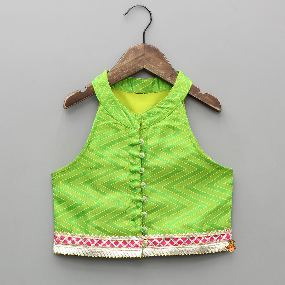 Green Halter Neck Chevron Pattern Top With Pink Printed Dhoti