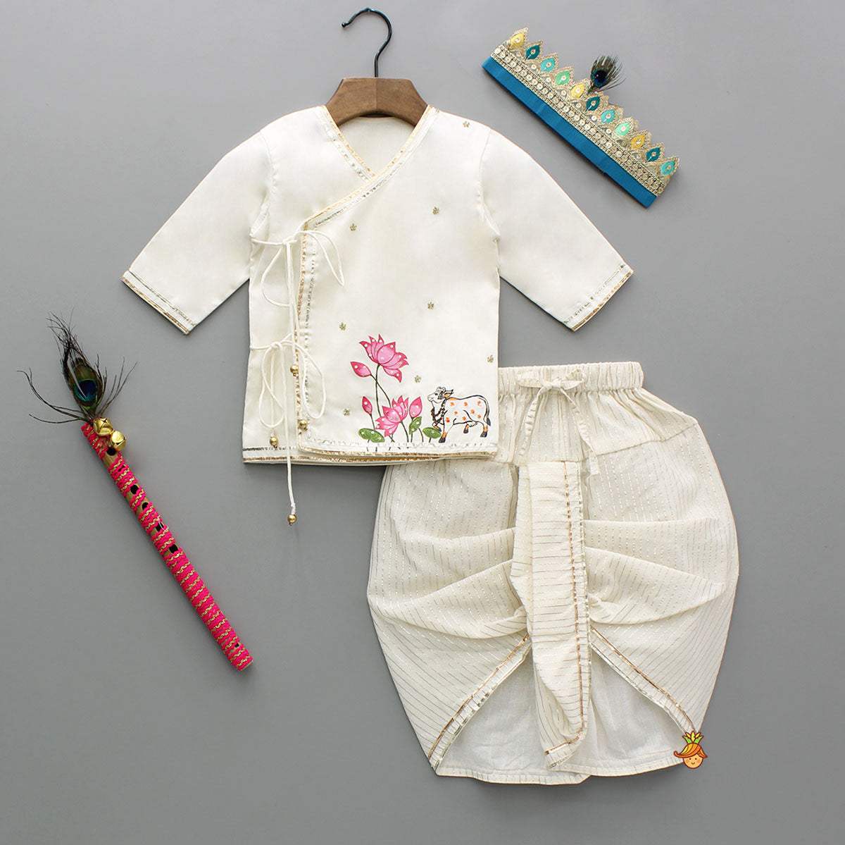 Pre Order: Floral Hand-Painted Off-White Kurta And Lurex Striped Dhoti With Mor Pankh Mukut And Basuri