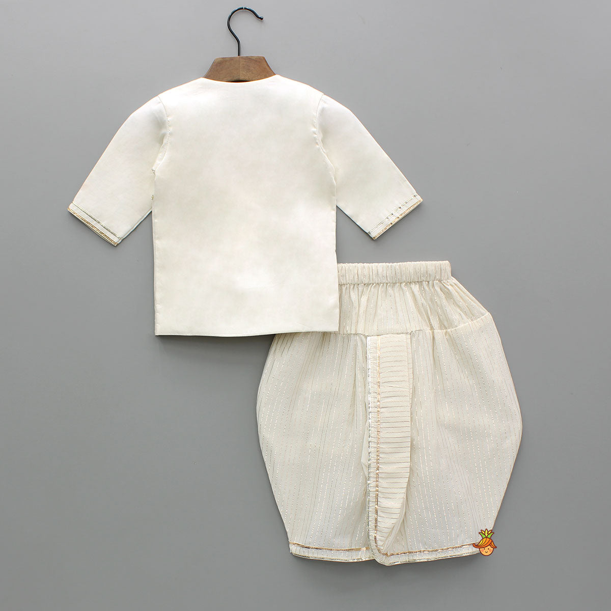 Pre Order: Floral Hand-Painted Off-White Kurta And Lurex Striped Dhoti With Mor Pankh Mukut And Basuri