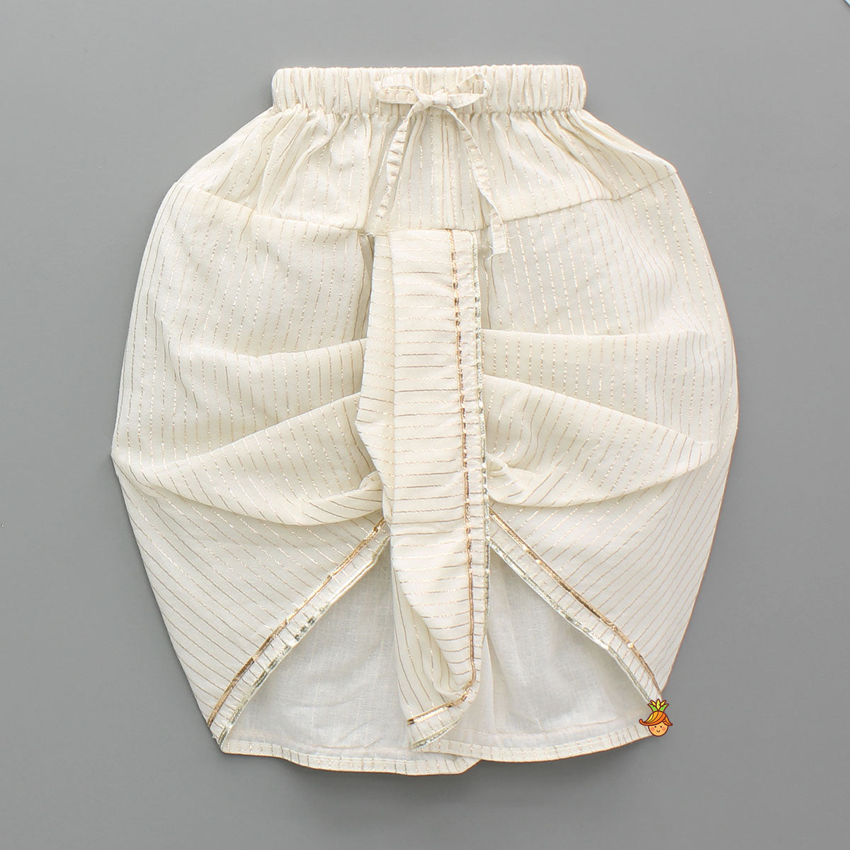 Pre Order: Floral Hand-Painted Off-White Kurta And Lurex Striped Dhoti With Mor Pankh Mukut And Basuri