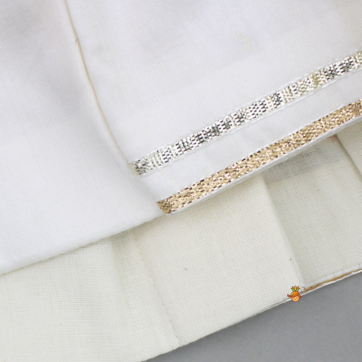 Pre Order: Floral Hand-Painted Off-White Kurta And Lurex Striped Dhoti With Mor Pankh Mukut And Basuri