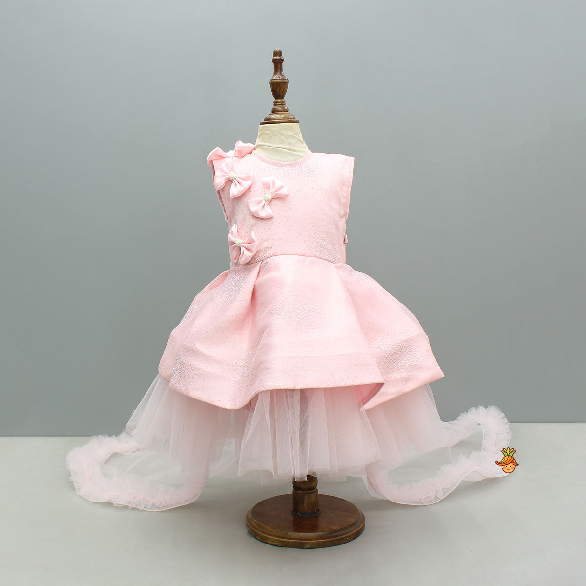 Pre Order: Pink Bow Glitter Embellished High Low Dress With Detachable Trail