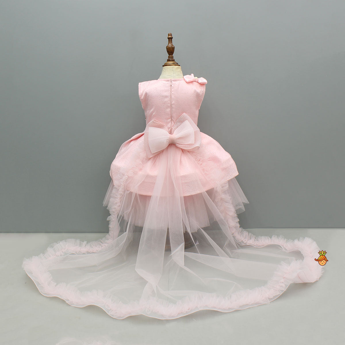 Pre Order: Pink Bow Glitter Embellished High Low Dress With Detachable Trail
