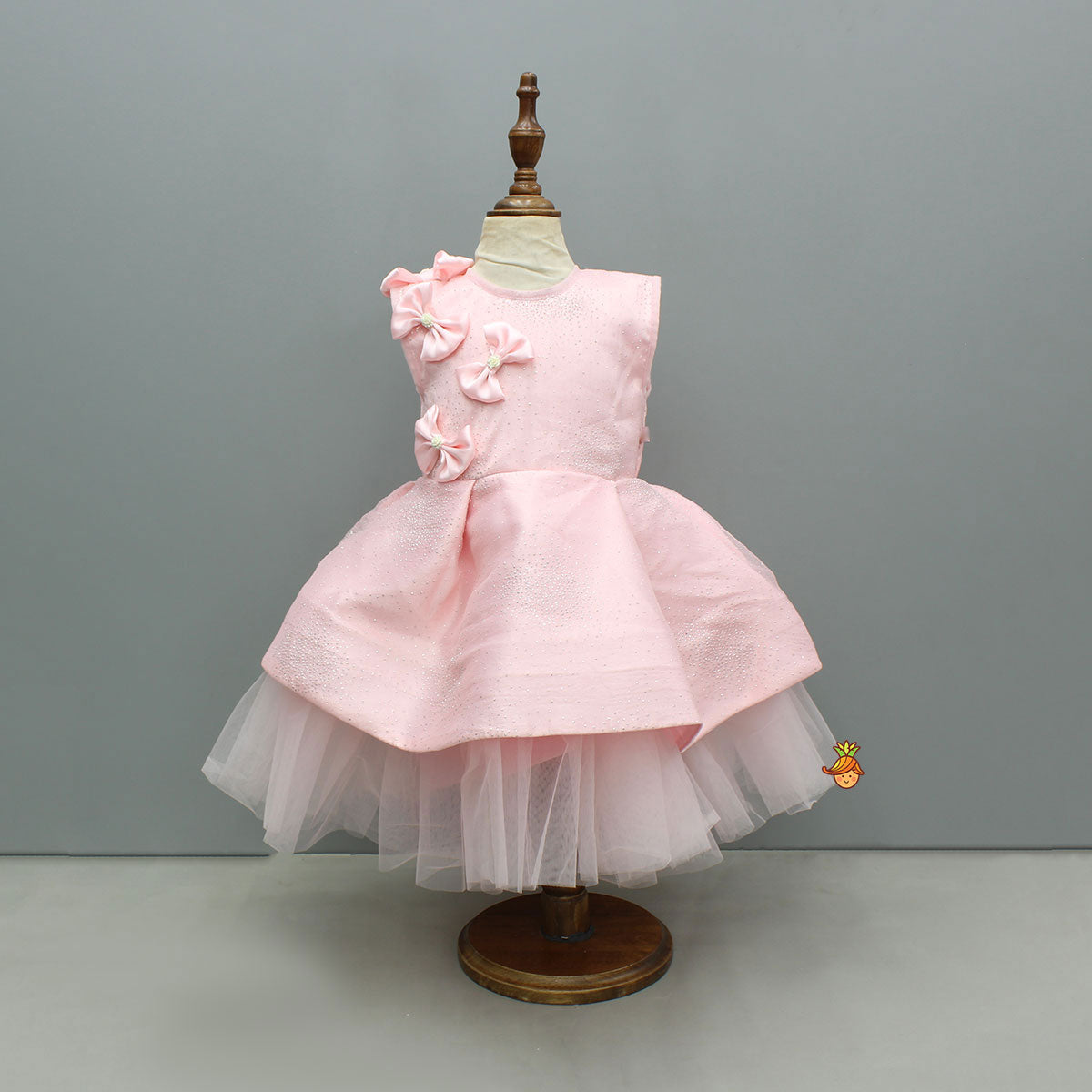 Pre Order: Pink Bow Glitter Embellished High Low Dress With Detachable Trail