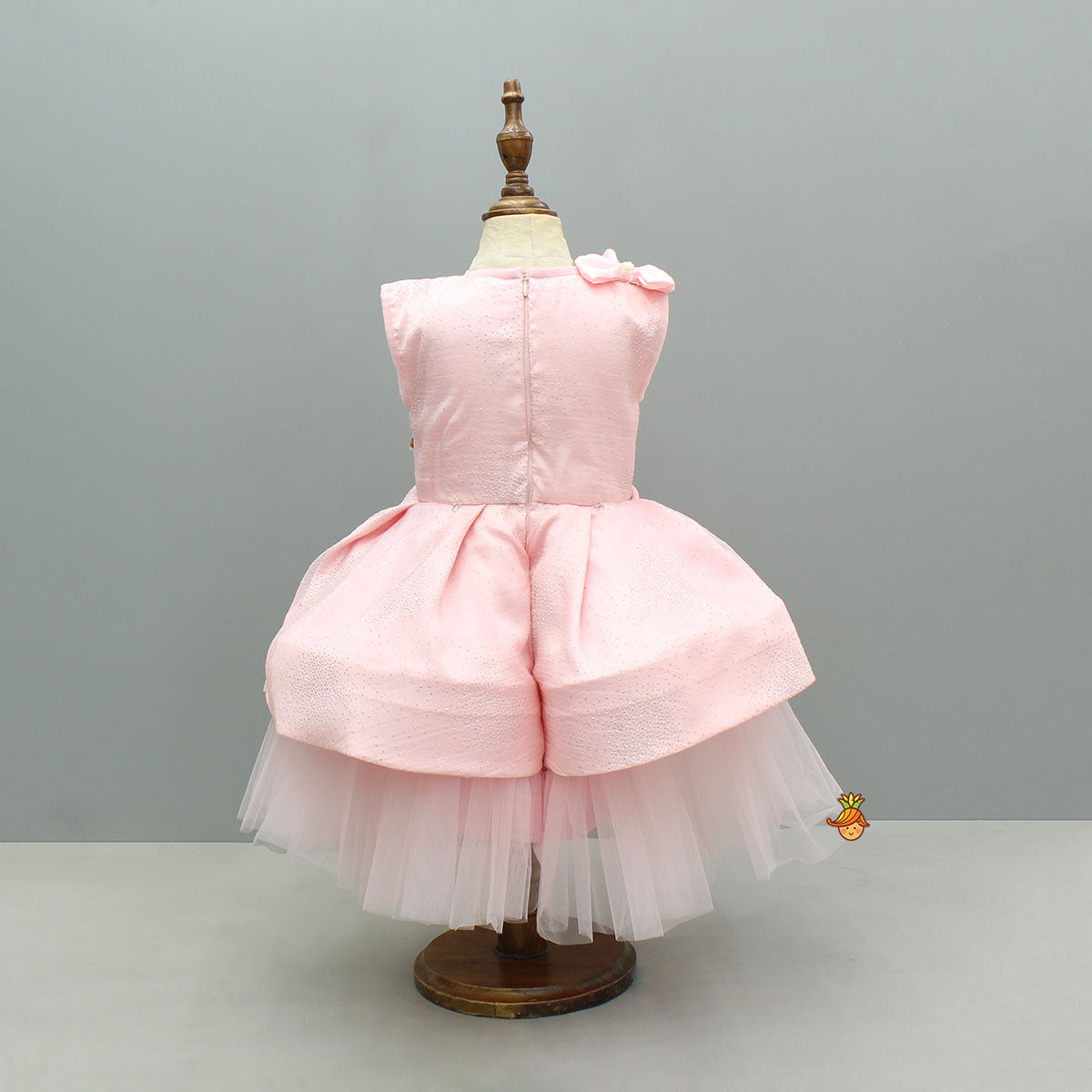 Pre Order: Pink Bow Glitter Embellished High Low Dress With Detachable Trail