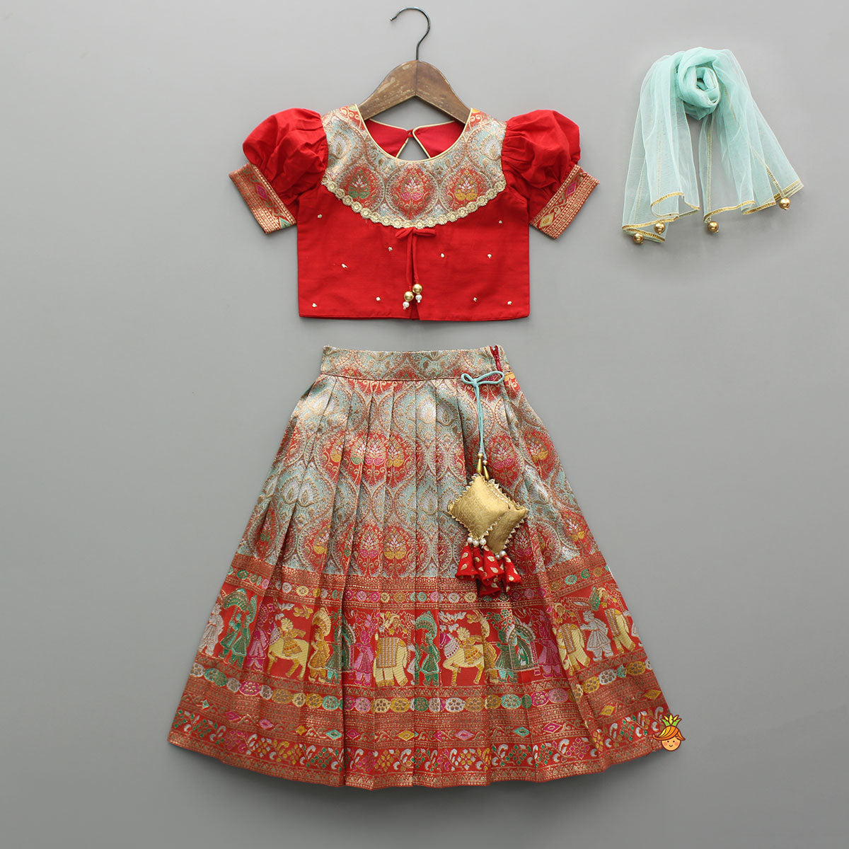 Pre Order: Red Brocade Silk Top With Ethnic Brocade Lehenga And Dupatta