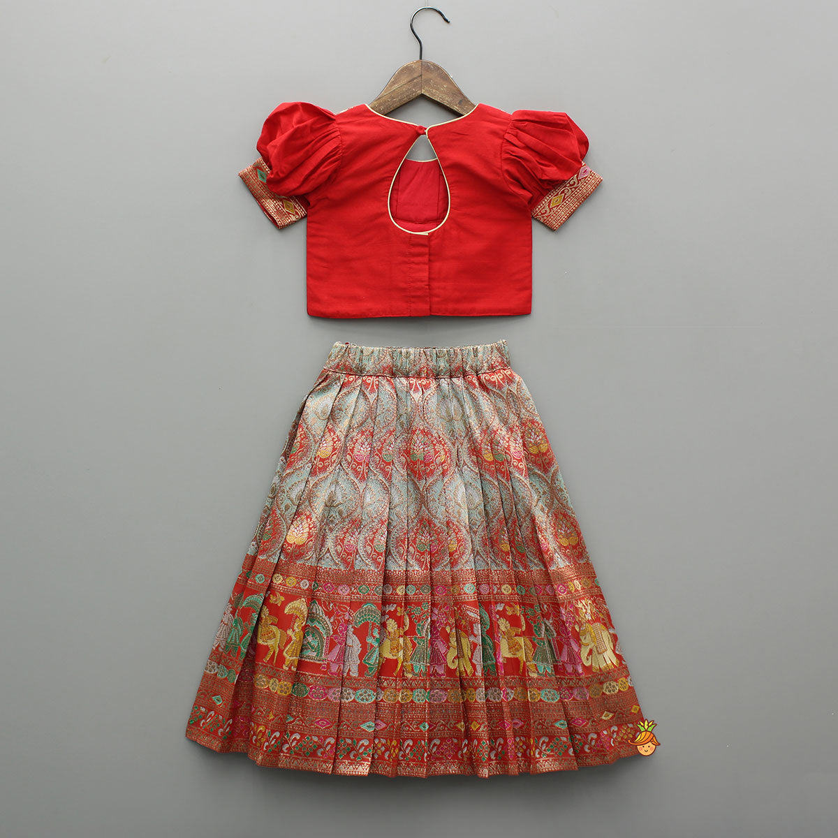Pre Order: Red Brocade Silk Top With Ethnic Brocade Lehenga And Dupatta