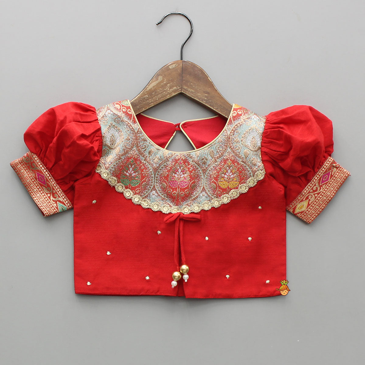 Pre Order: Red Brocade Silk Top With Ethnic Brocade Lehenga And Dupatta