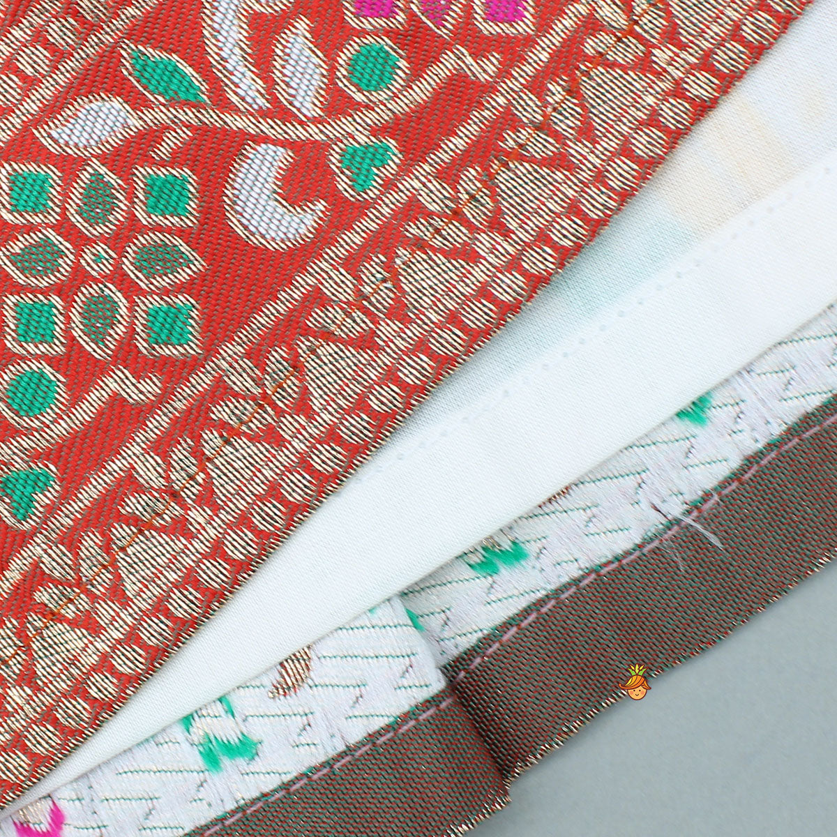 Pre Order: Red Brocade Silk Top With Ethnic Brocade Lehenga And Dupatta