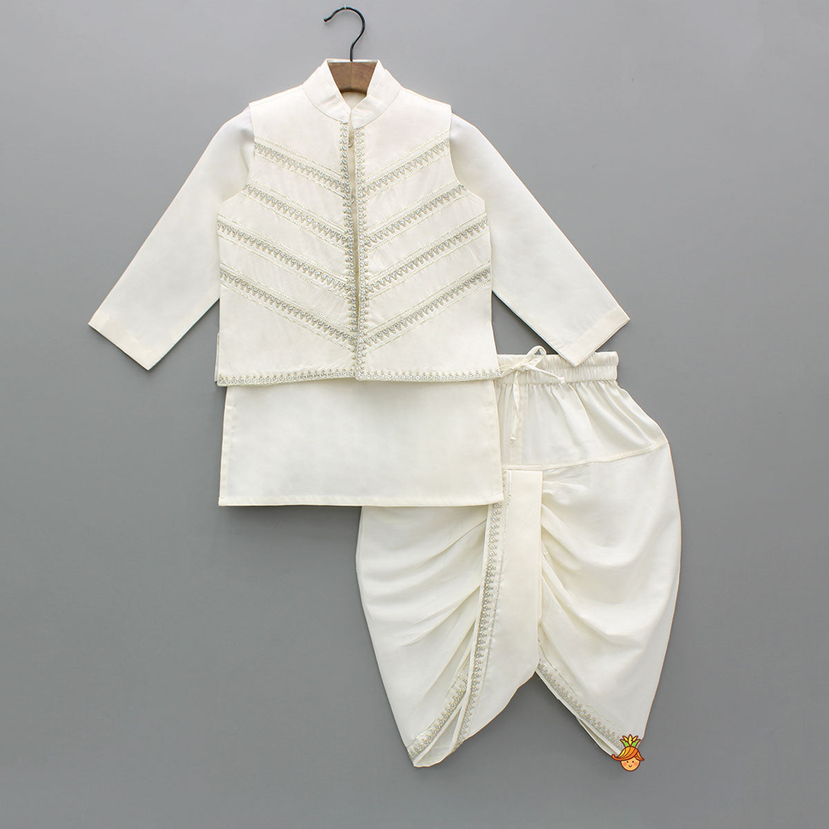 Pre Order: Off White Kurta With Front Open Sequin Laced Jacket And Dhoti