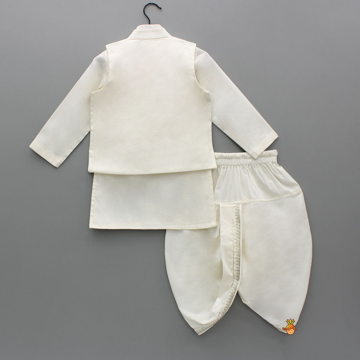 Pre Order: Off White Kurta With Front Open Sequin Laced Jacket And Dhoti