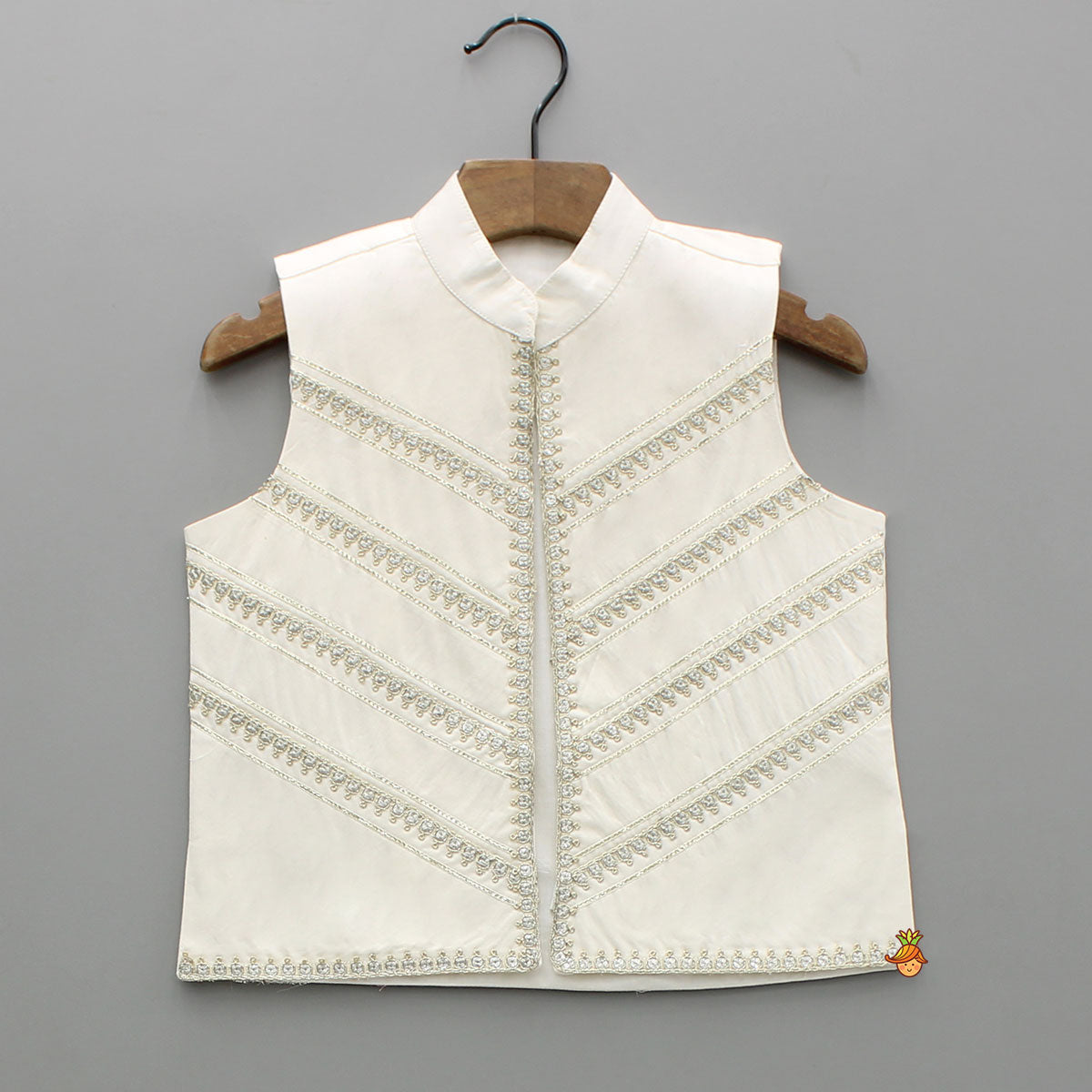 Pre Order: Off White Kurta With Front Open Sequin Laced Jacket And Dhoti