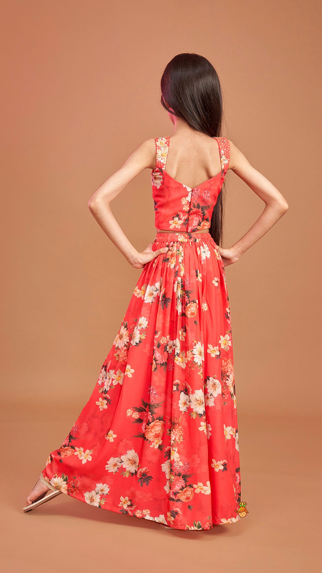 Pre Order: Red Floral Printed Draped Top With Flared Palazzo