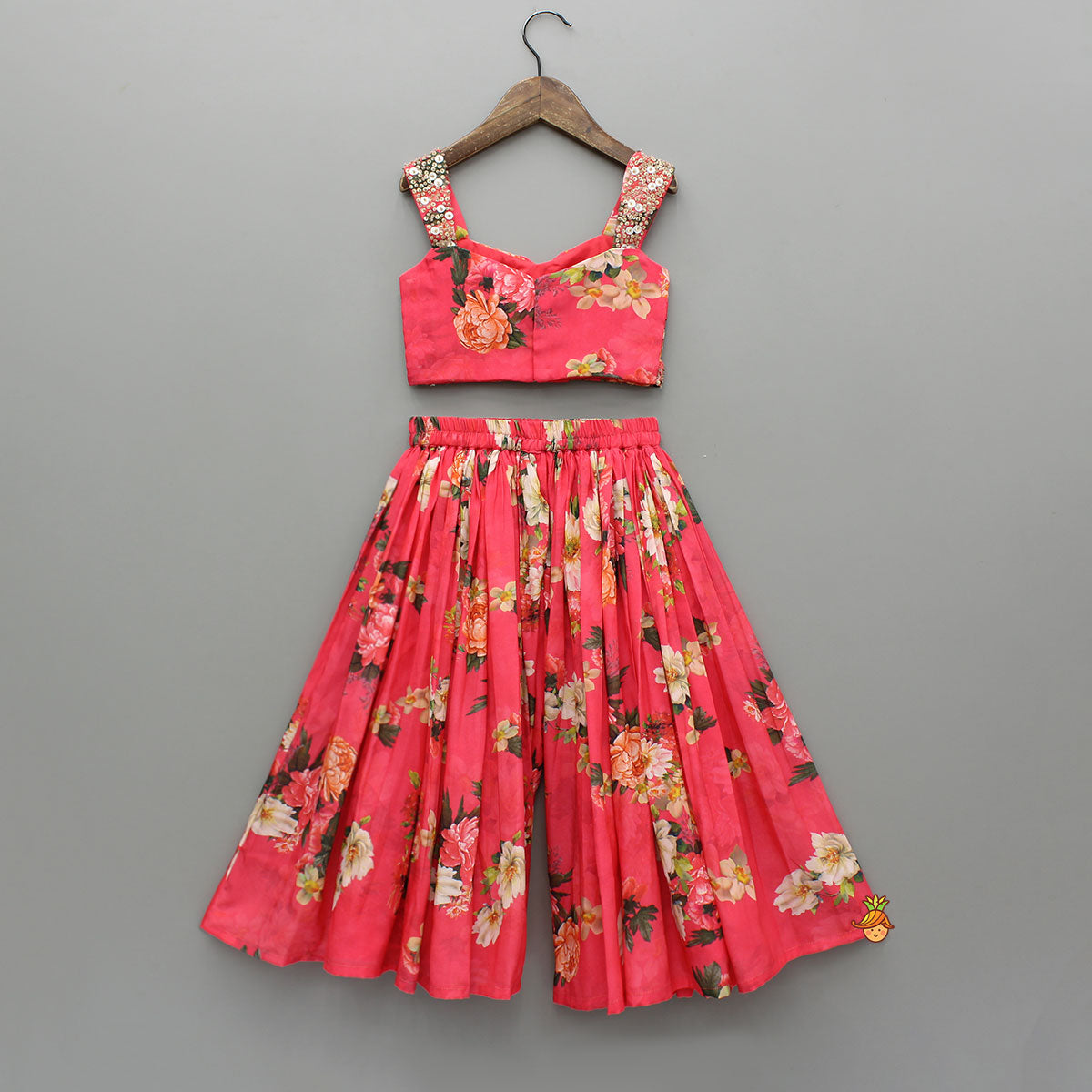 Pre Order: Red Floral Printed Draped Top With Flared Palazzo