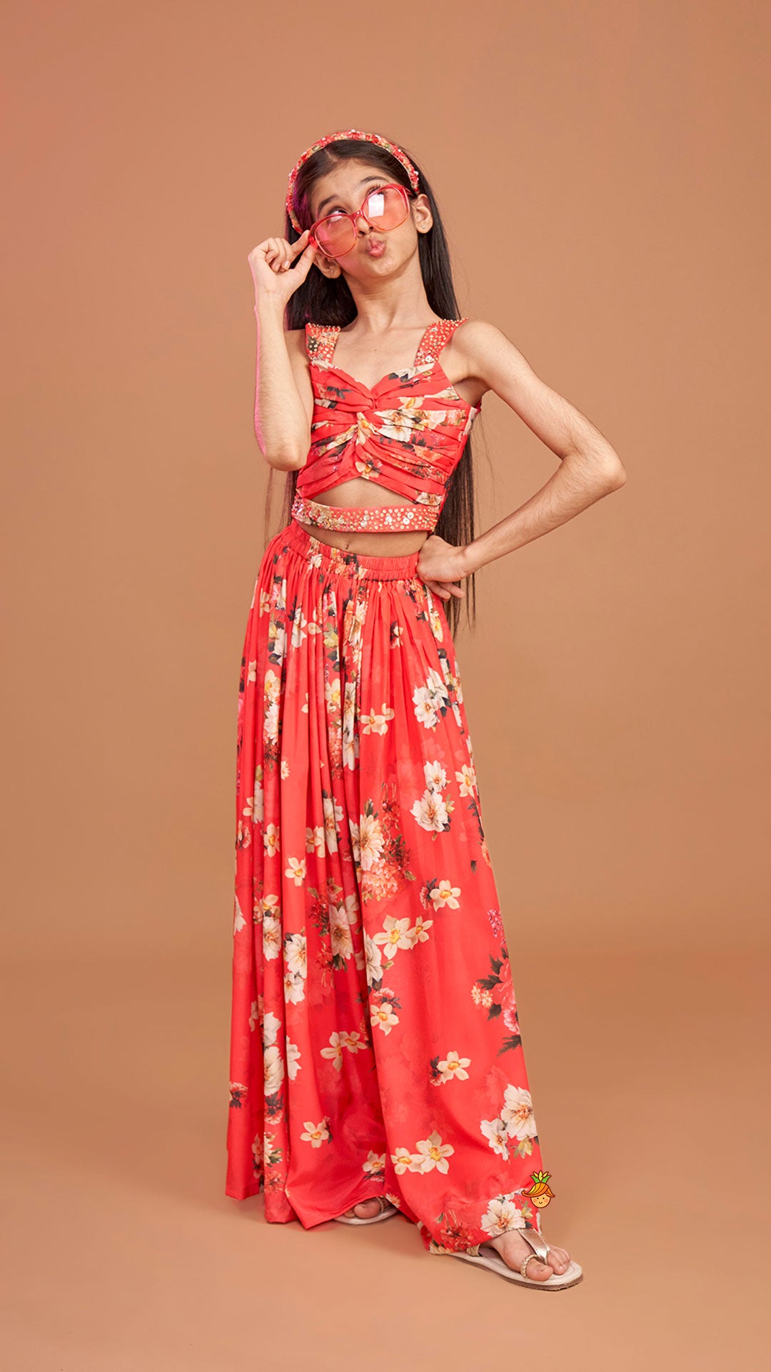 Pre Order: Red Floral Printed Draped Top With Flared Palazzo