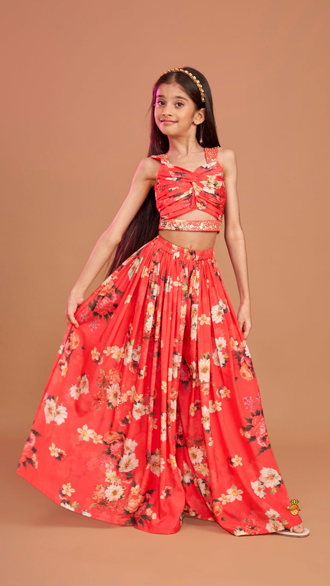 Pre Order: Red Floral Printed Draped Top With Flared Palazzo