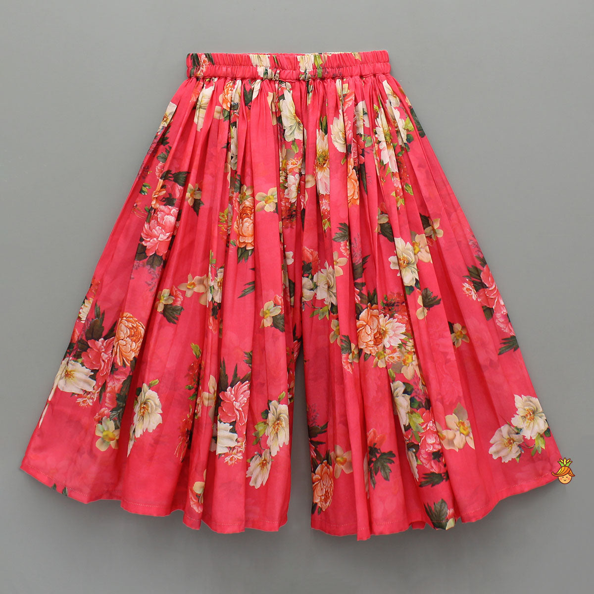 Pre Order: Red Floral Printed Draped Top With Flared Palazzo