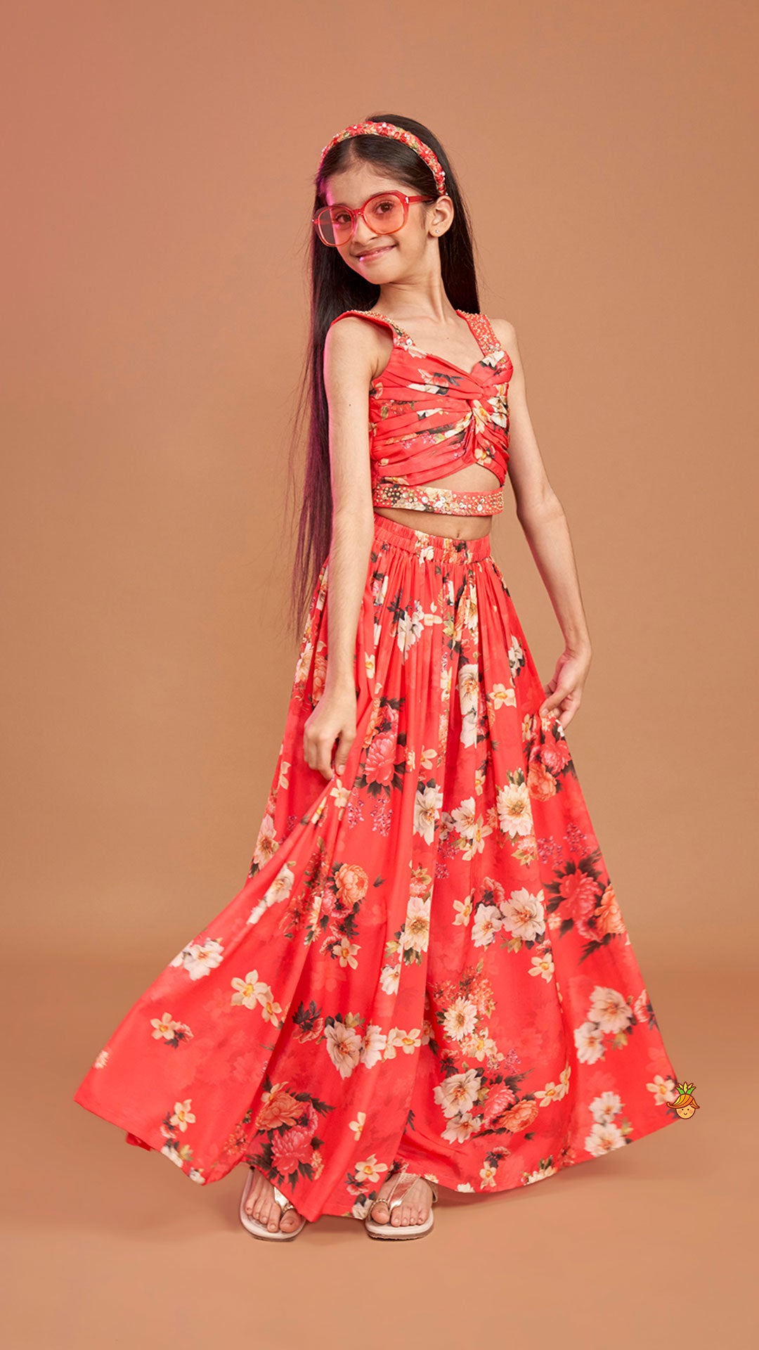 Pre Order: Red Floral Printed Draped Top With Flared Palazzo