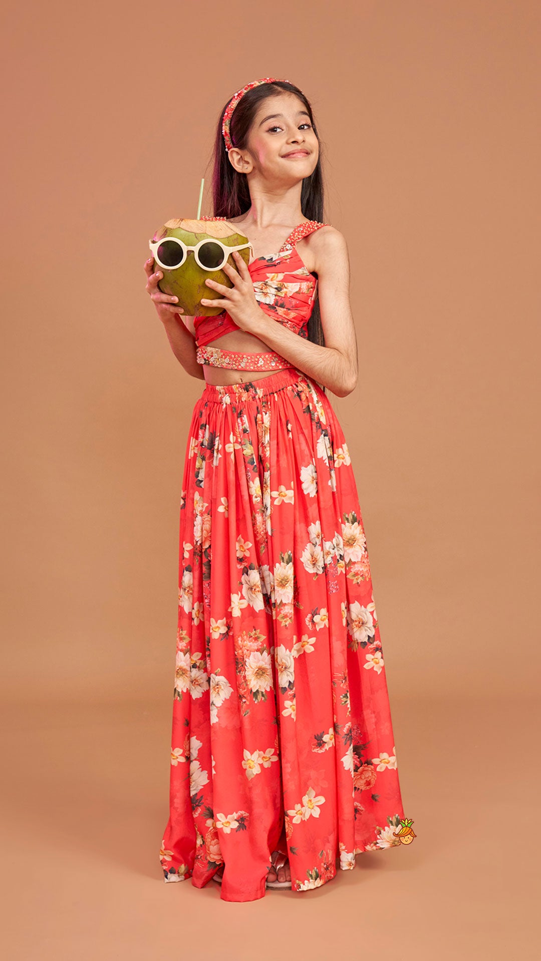 Pre Order: Red Floral Printed Draped Top With Flared Palazzo