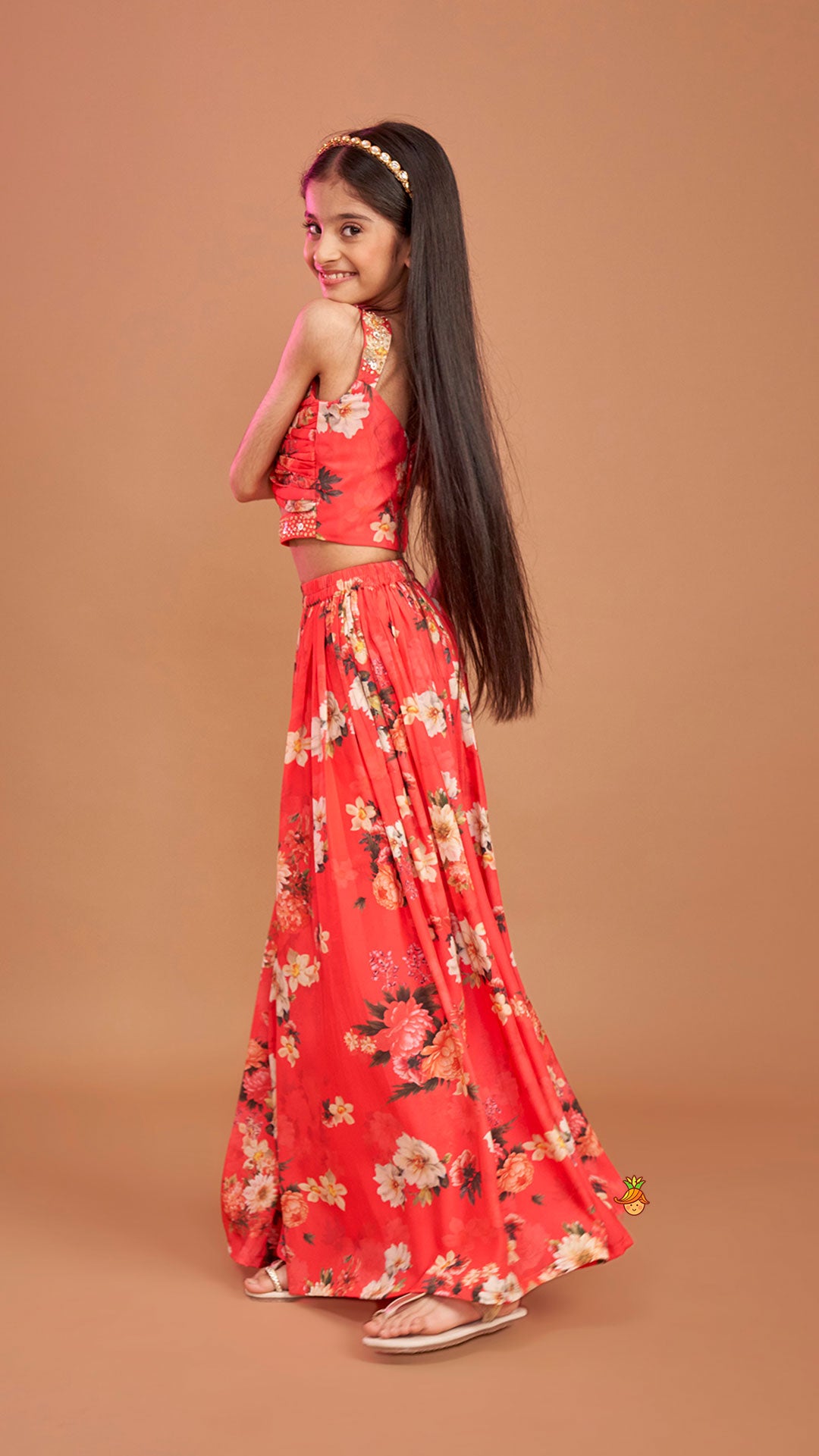 Pre Order: Red Floral Printed Draped Top With Flared Palazzo