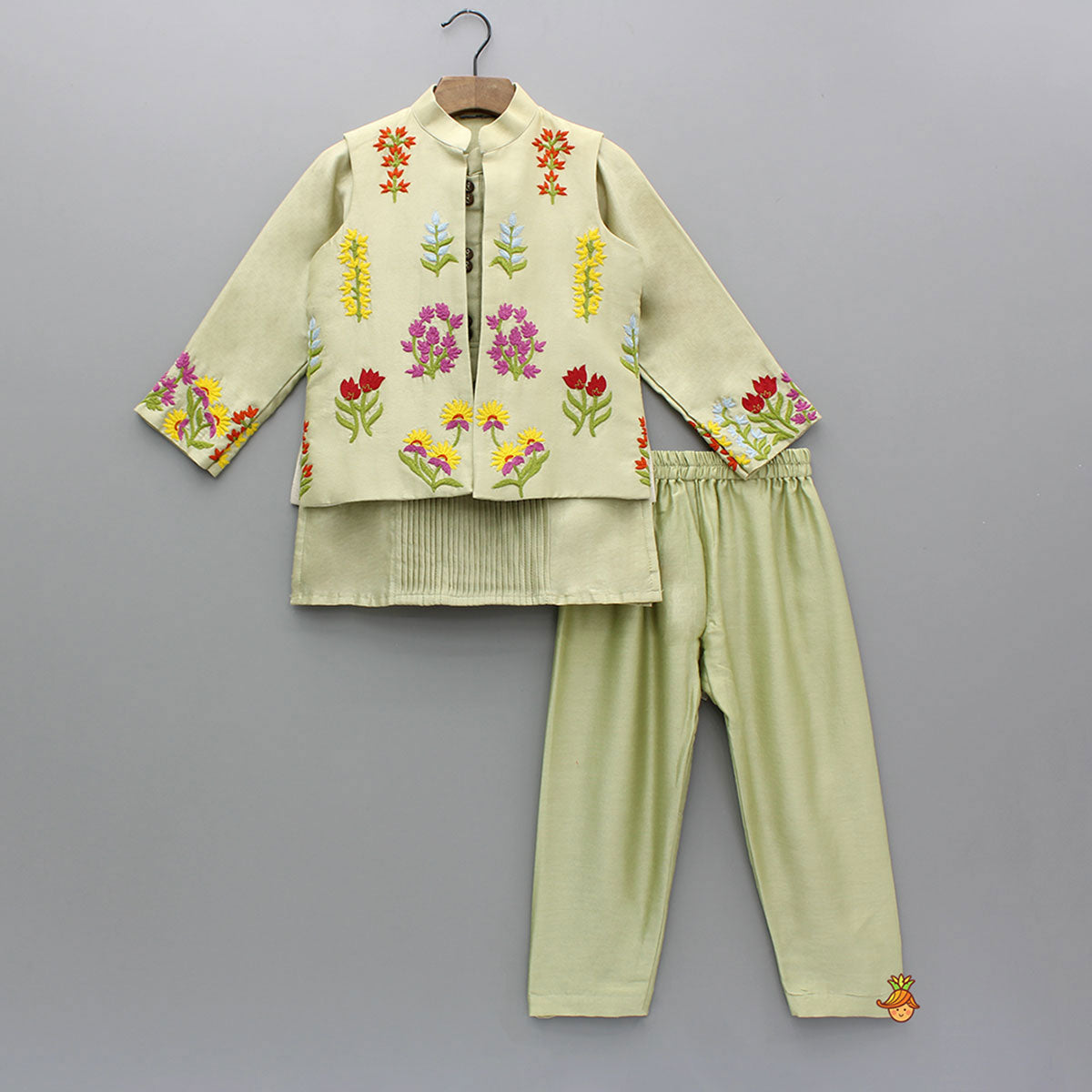 Pre Order: Green Pin Tuck Detailed Kurta With Multicolour Embroidered Front Open Jacket And Pyjama