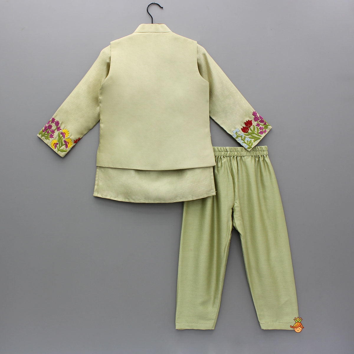 Pre Order: Green Pin Tuck Detailed Kurta With Multicolour Embroidered Front Open Jacket And Pyjama