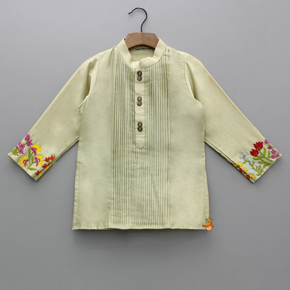 Pre Order: Green Pin Tuck Detailed Kurta With Multicolour Embroidered Front Open Jacket And Pyjama