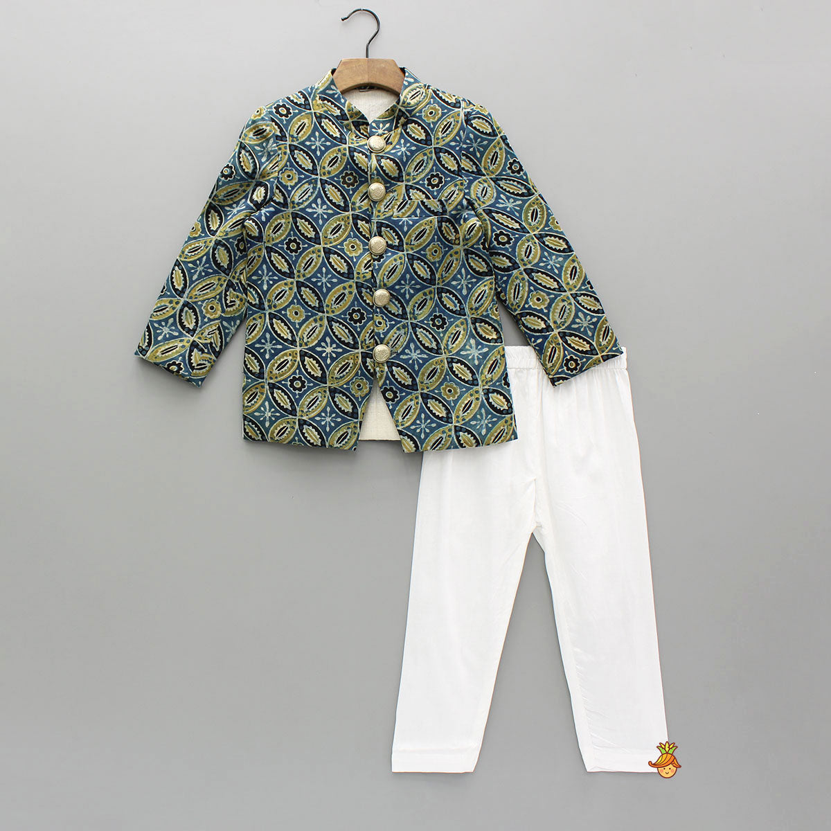 Pre Order: Ajrakh Printed Blue Silk Sherwani With Pyjama
