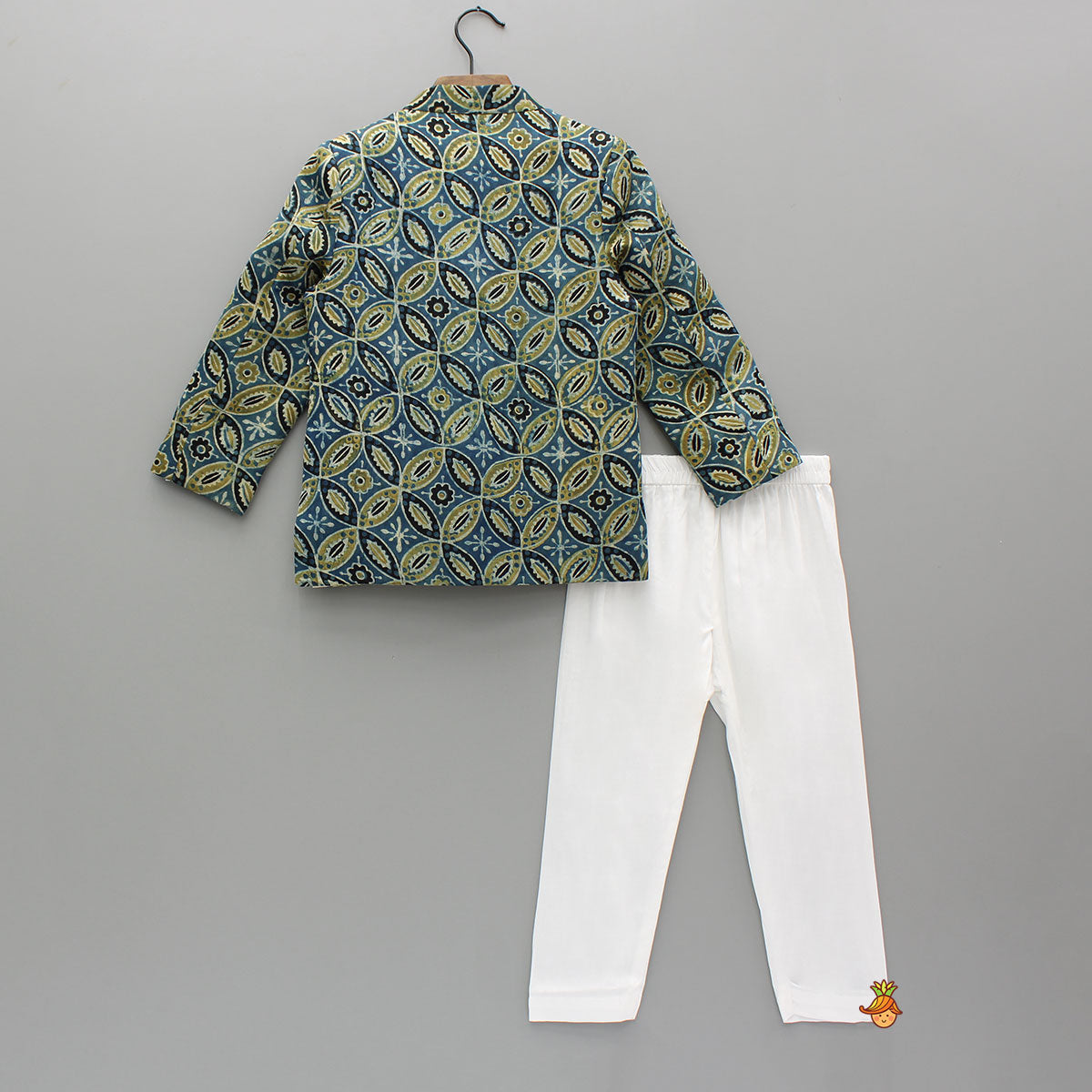 Pre Order: Ajrakh Printed Blue Silk Sherwani With Pyjama