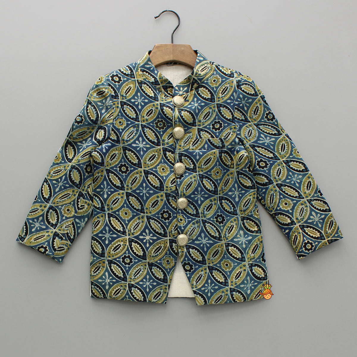 Pre Order: Ajrakh Printed Blue Silk Sherwani With Pyjama