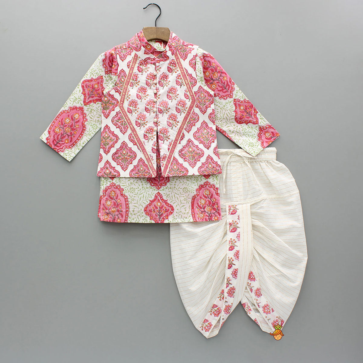 Pre Order: Floral Printed Cotton Kurta With Lace Detailed Jacket And Dhoti