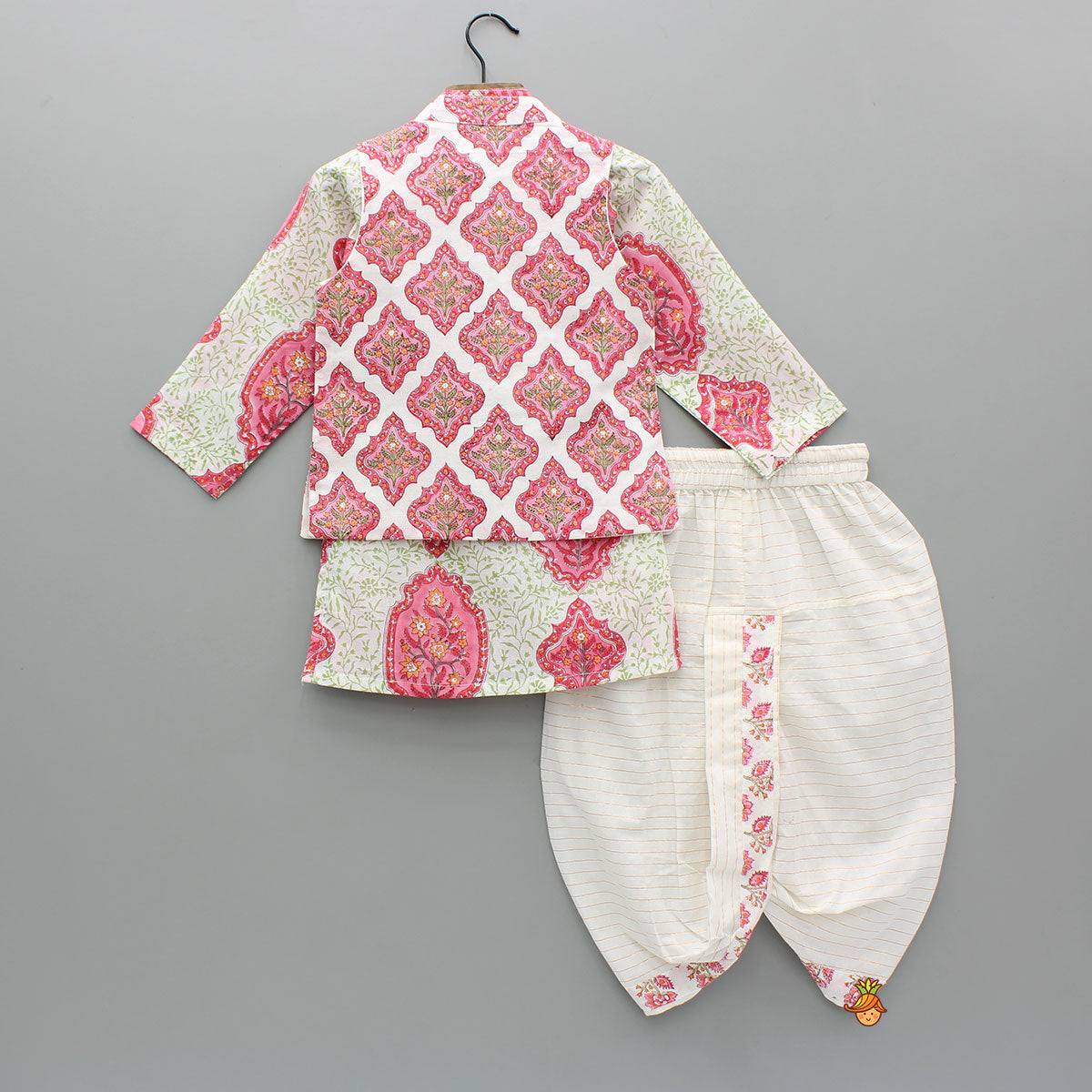 Pre Order: Floral Printed Cotton Kurta With Lace Detailed Jacket And Dhoti