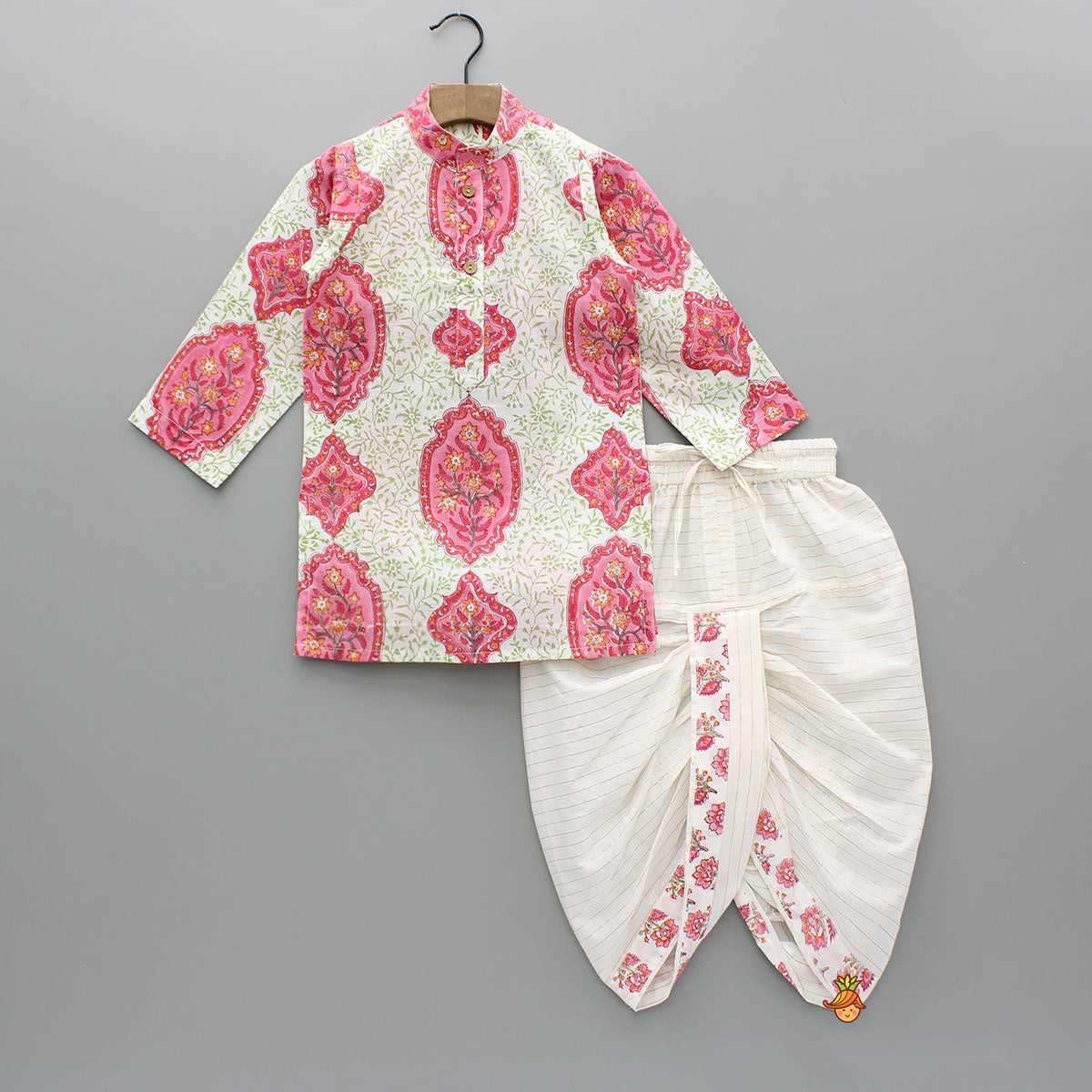 Pre Order: Floral Printed Cotton Kurta With Lace Detailed Jacket And Dhoti
