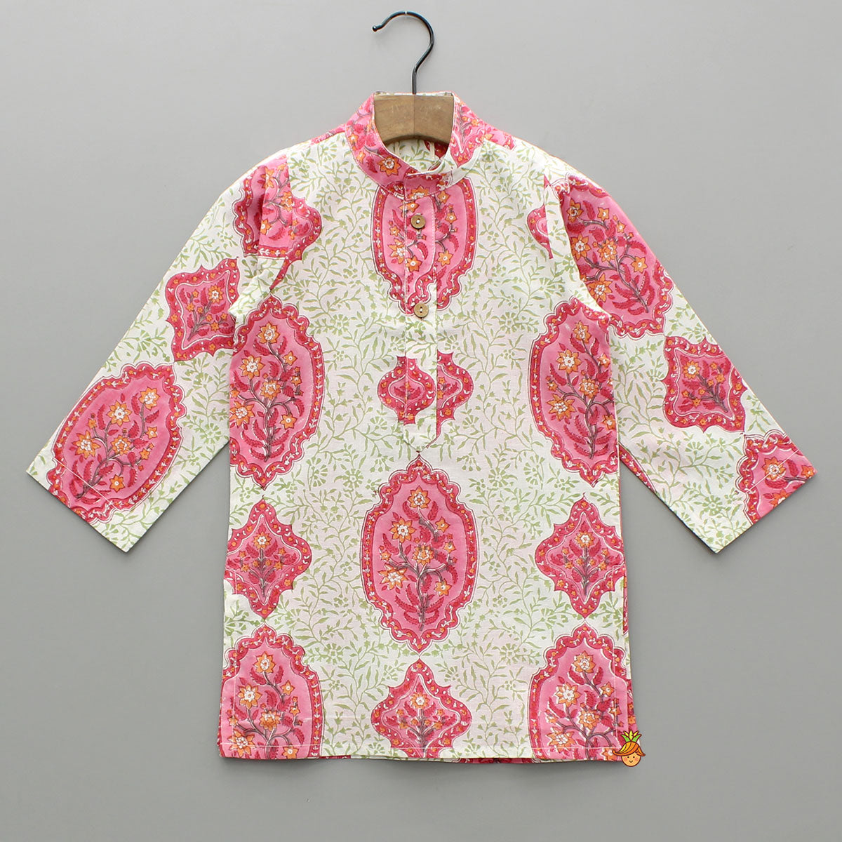 Pre Order: Floral Printed Cotton Kurta With Lace Detailed Jacket And Dhoti