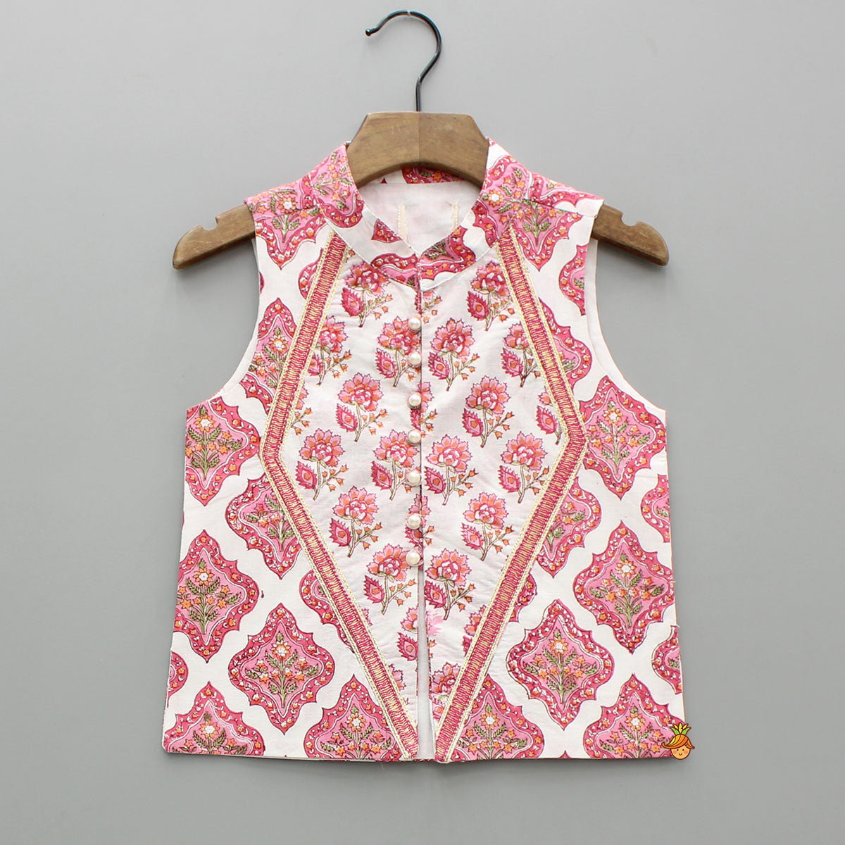 Pre Order: Floral Printed Cotton Kurta With Lace Detailed Jacket And Dhoti