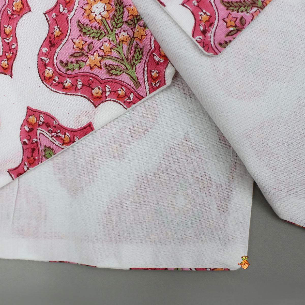 Pre Order: Floral Printed Cotton Kurta With Lace Detailed Jacket And Dhoti