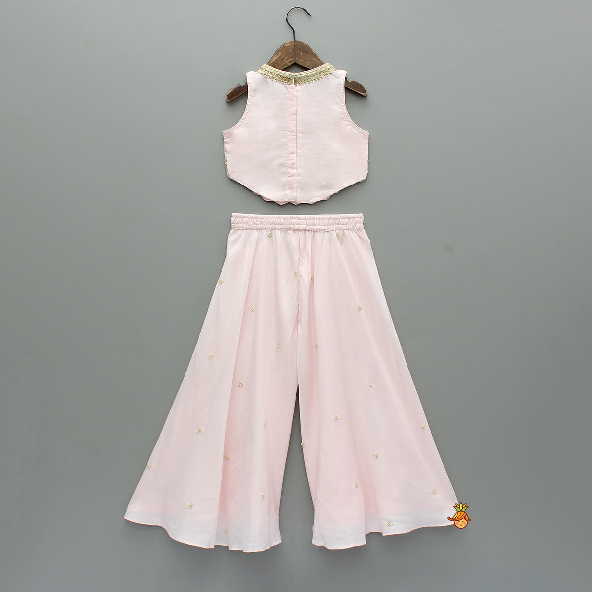 Pre Order: Pink Floral Embroidered Stylish Hem Top With Palazzo And Dupatta