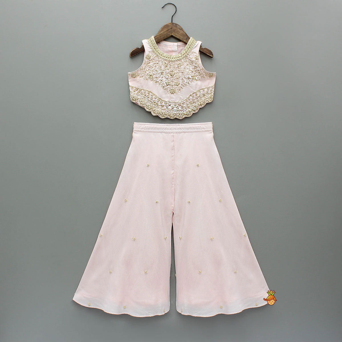 Pre Order: Pink Floral Embroidered Stylish Hem Top With Palazzo And Dupatta