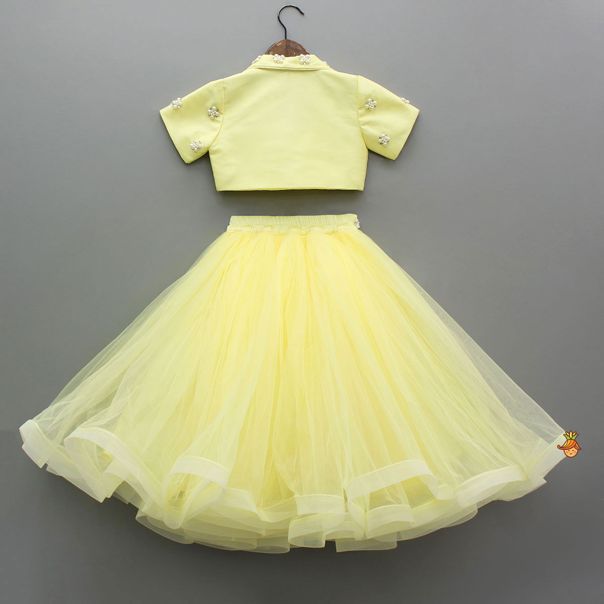 Pre Order: Stylish Yellow Crop Blazer Style Top With Flared Lehenga