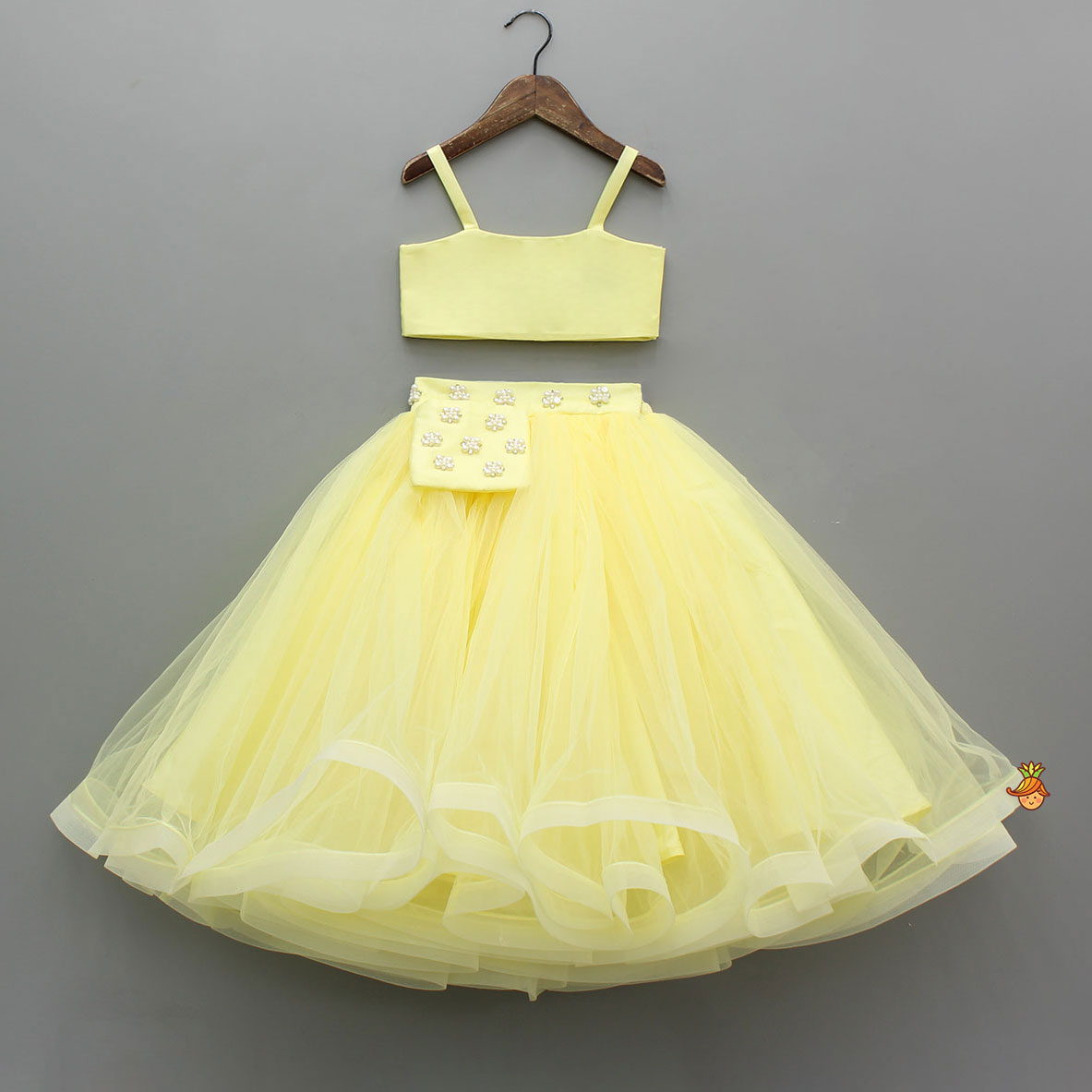 Pre Order: Stylish Yellow Crop Blazer Style Top With Flared Lehenga