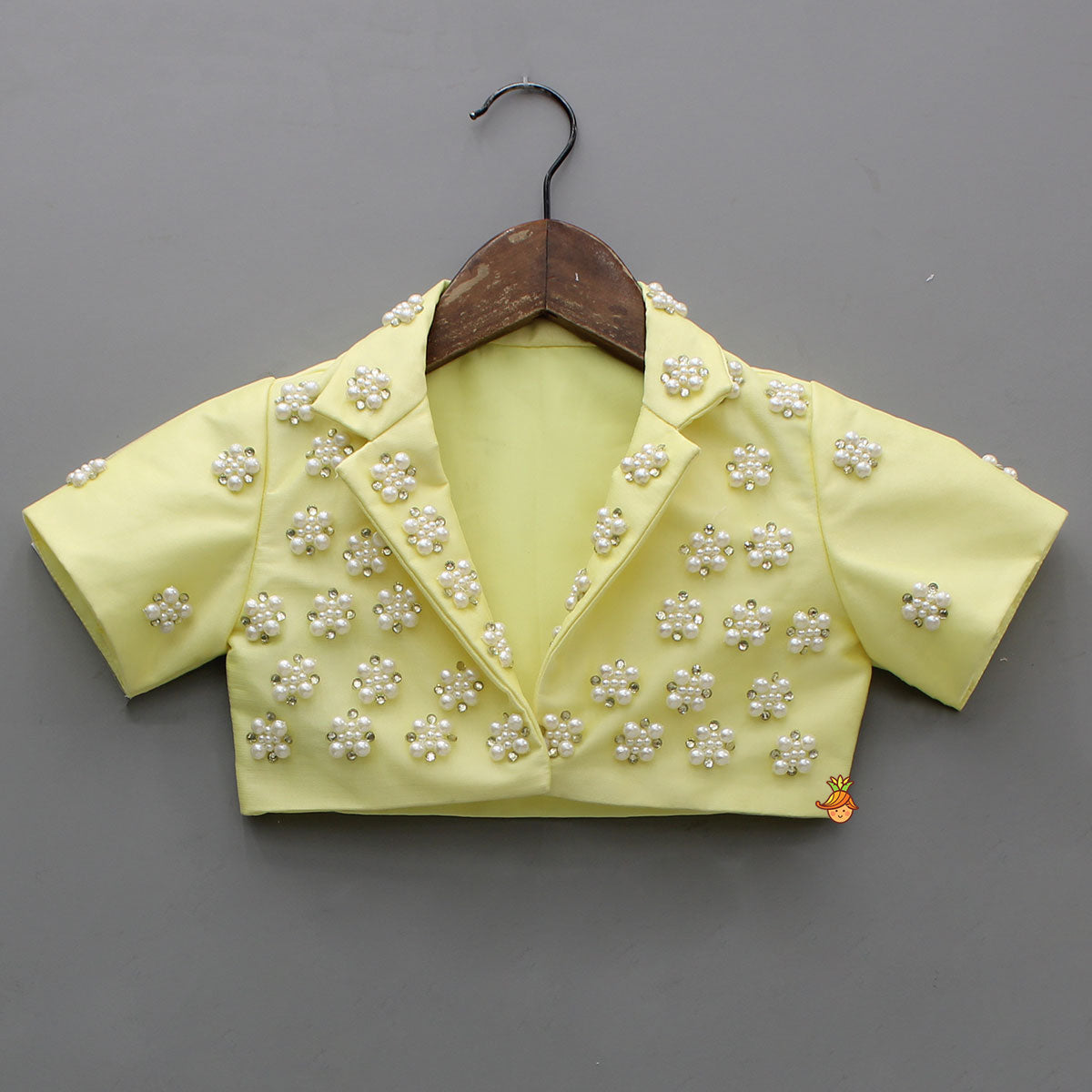 Pre Order: Stylish Yellow Crop Blazer Style Top With Flared Lehenga