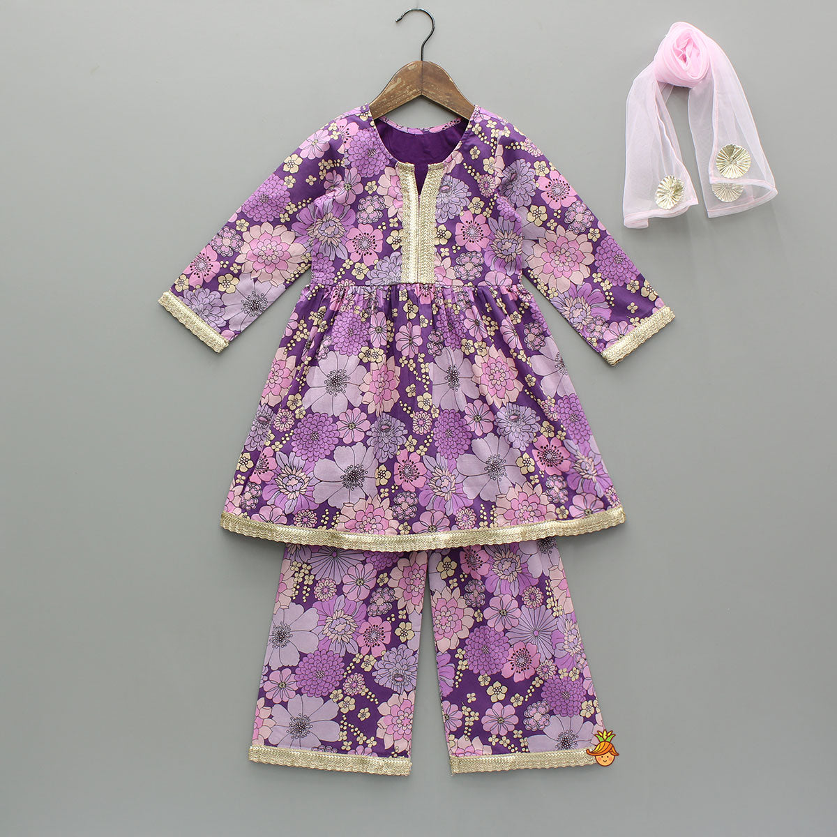 Purple Floral Printed Kurti With Matching Pant And Dupatta