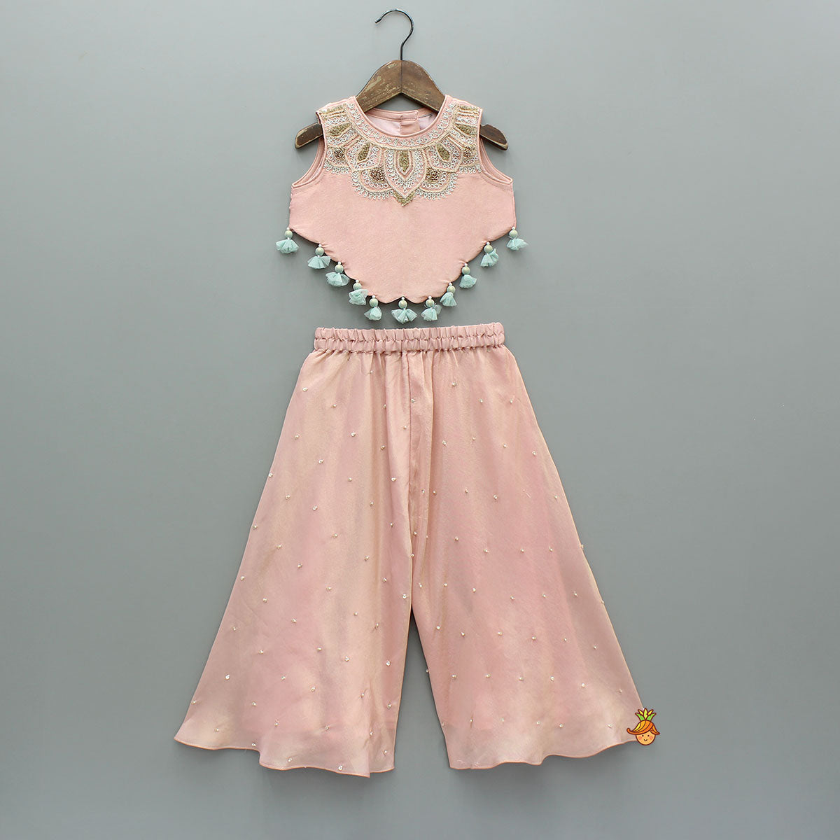 Pre Order: Shimmery Pink Embroidered Tassel Detailed Top With Shimmery Palazzo
