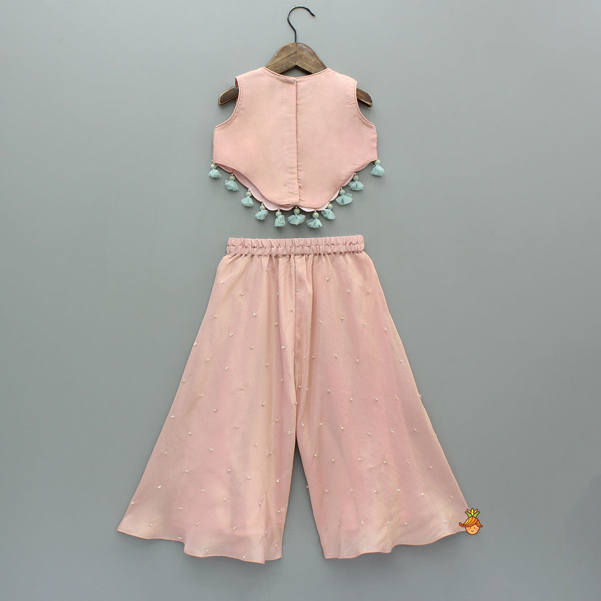 Pre Order: Shimmery Pink Embroidered Tassel Detailed Top With Shimmery Palazzo