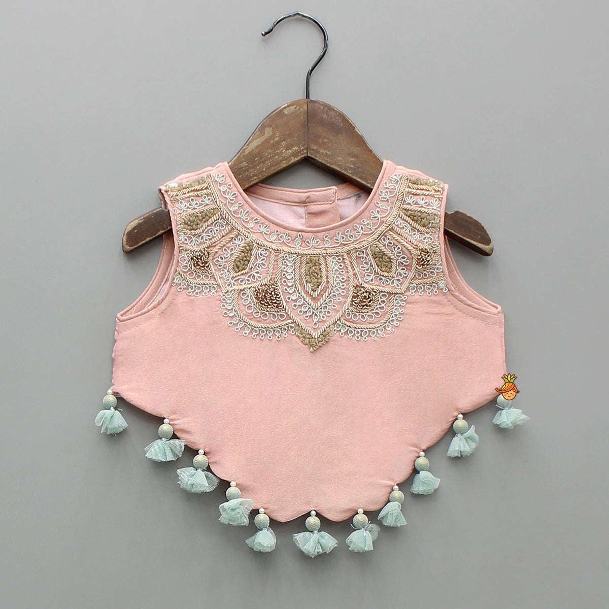 Pre Order: Shimmery Pink Embroidered Tassel Detailed Top With Shimmery Palazzo