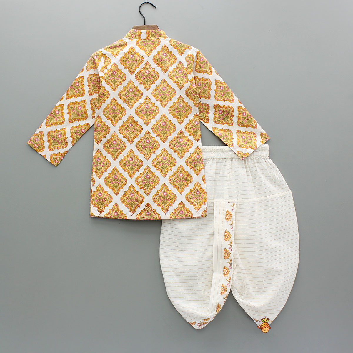 Pre Order: White Block Print Kurta With Matching Dhoti