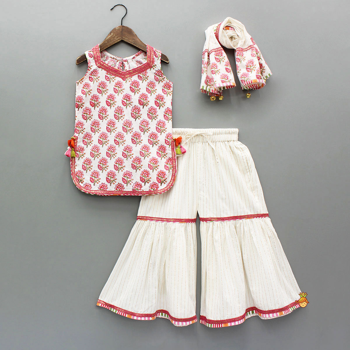 Pre Order: Floral Printed Cotton Kurti With Sharara And Dupatta