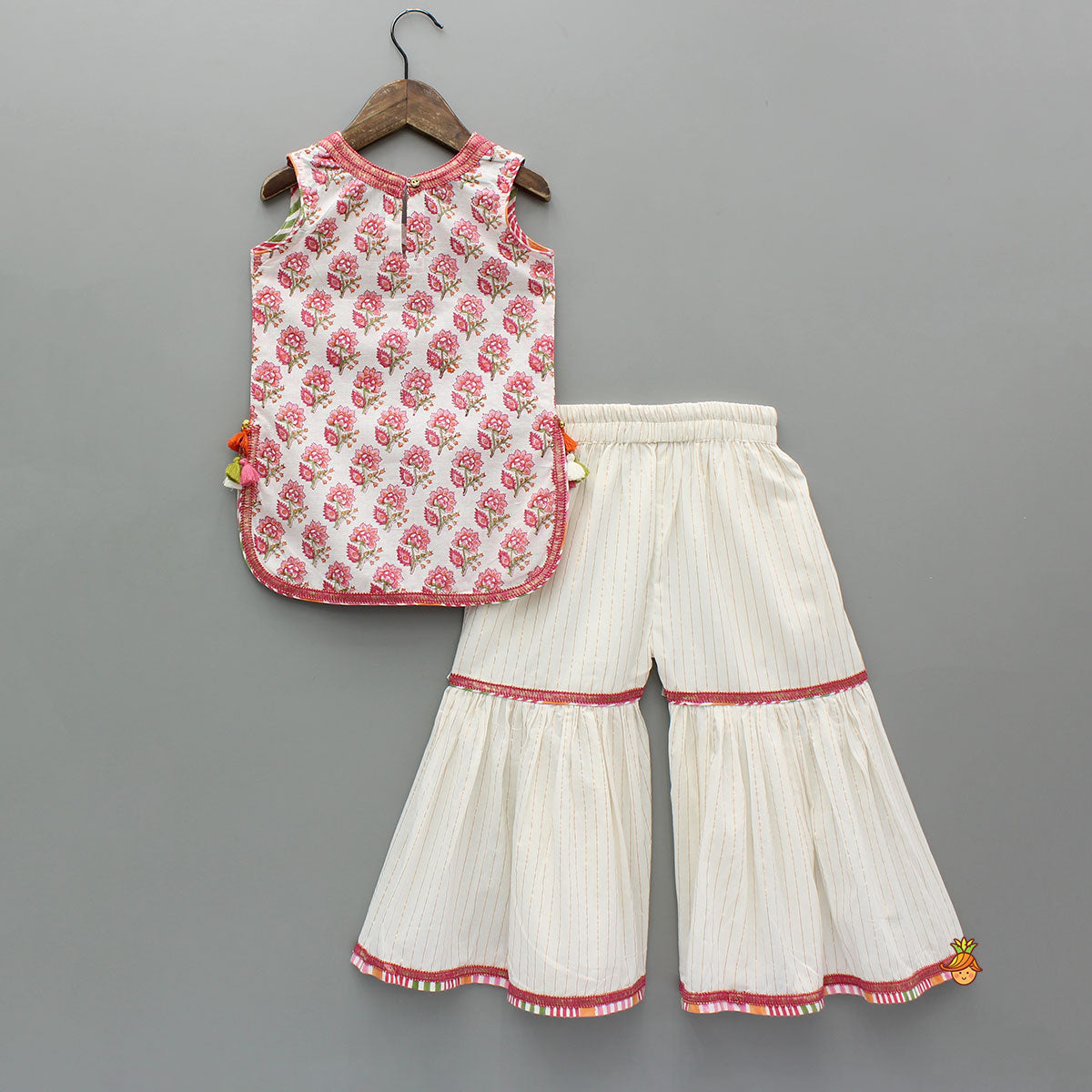 Pre Order: Floral Printed Cotton Kurti With Sharara And Dupatta