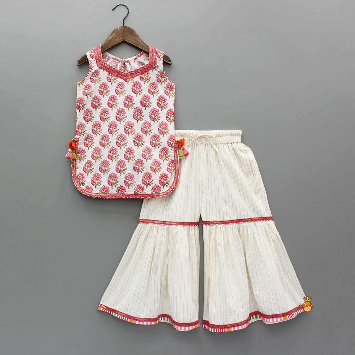 Pre Order: Floral Printed Cotton Kurti With Sharara And Dupatta