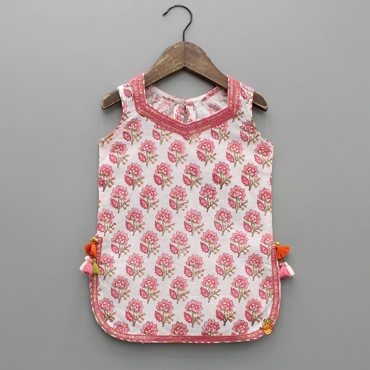 Pre Order: Floral Printed Cotton Kurti With Sharara And Dupatta